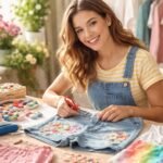 Fiatal nő DIY tavaszi ruhafelújítást végez kreatív ötletekkel.