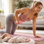 Nő edz szülés után, miközben a baba mellett fekszik