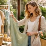 Nő fenntartható divat darabot választ egy piacon tavaszi napfényben
