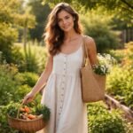 Nő természetes anyagokból készült ruhában, zöldségekkel a kertben