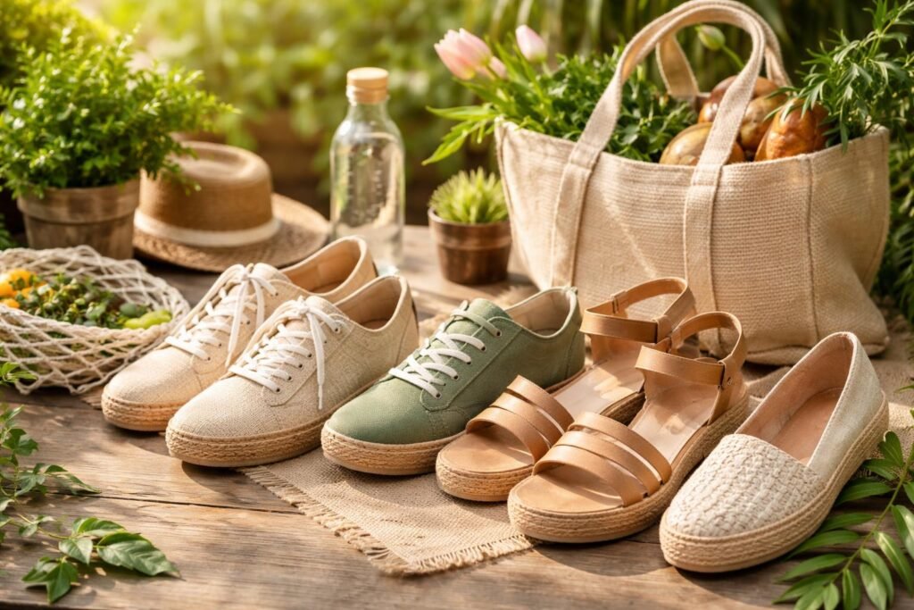 Fenntartható női lábbelik természetes környezetben.