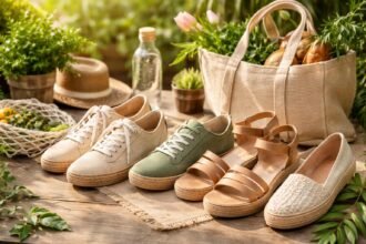 Fenntartható női lábbelik természetes környezetben.