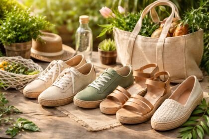 Fenntartható női lábbelik természetes környezetben.