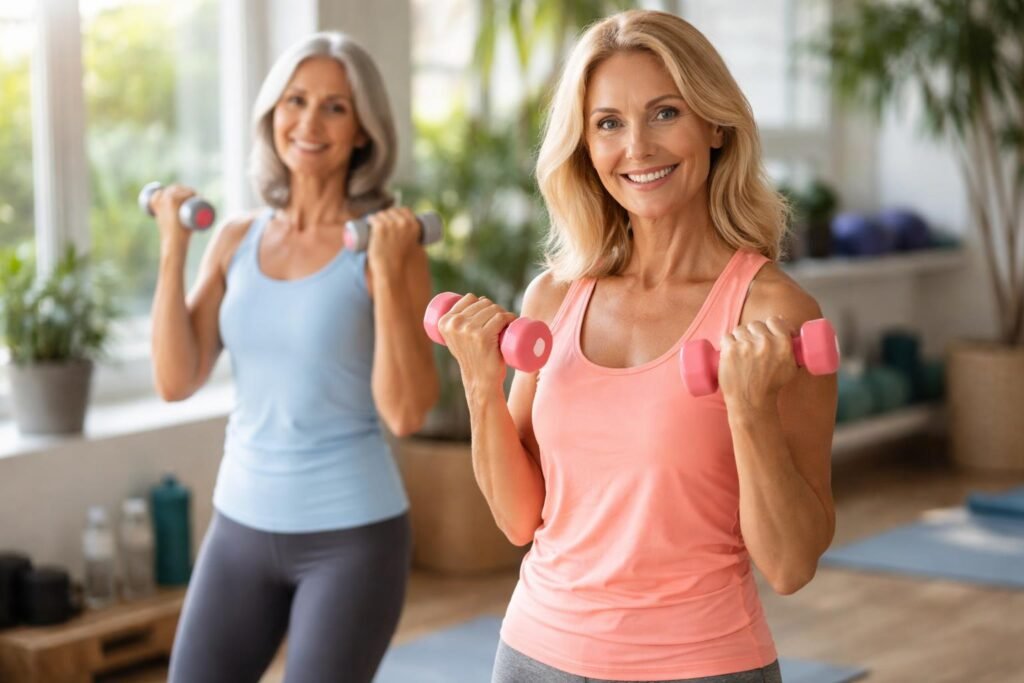 Két érett nő súlyzós edzést végez a teremben, mosolyogva a vitalitásért.