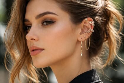 Modern fülbevaló-mandzsetta viselése egy fiatal nő fülén