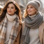 Két nő téli garbó és sál kombinációban sétál a városban