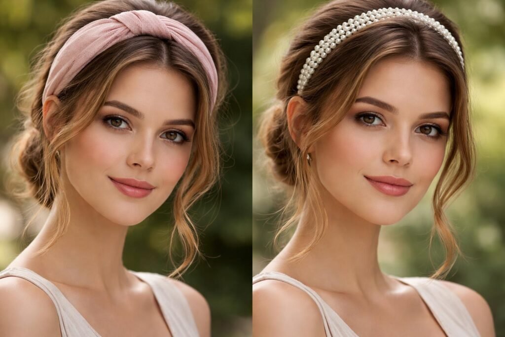 Hajpánt textil és gyöngyös változatban, elegáns megjelenésű nő