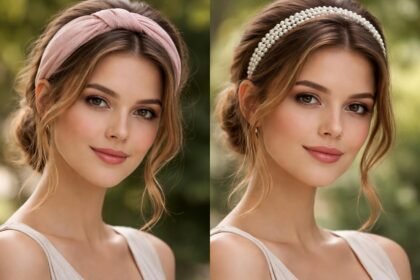 Hajpánt textil és gyöngyös változatban, elegáns megjelenésű nő