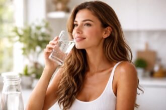 Nő hidratálja bőrét vízivással a szép bőrért