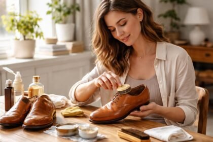 Nő bőrcipőt ápol a ruházati és divatáruk otthoni környezetében.