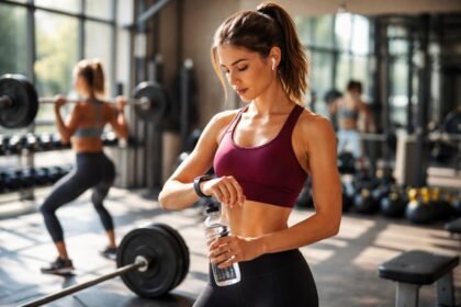 Fiatal nő sportolás közben, figyelve az edzés idejét.