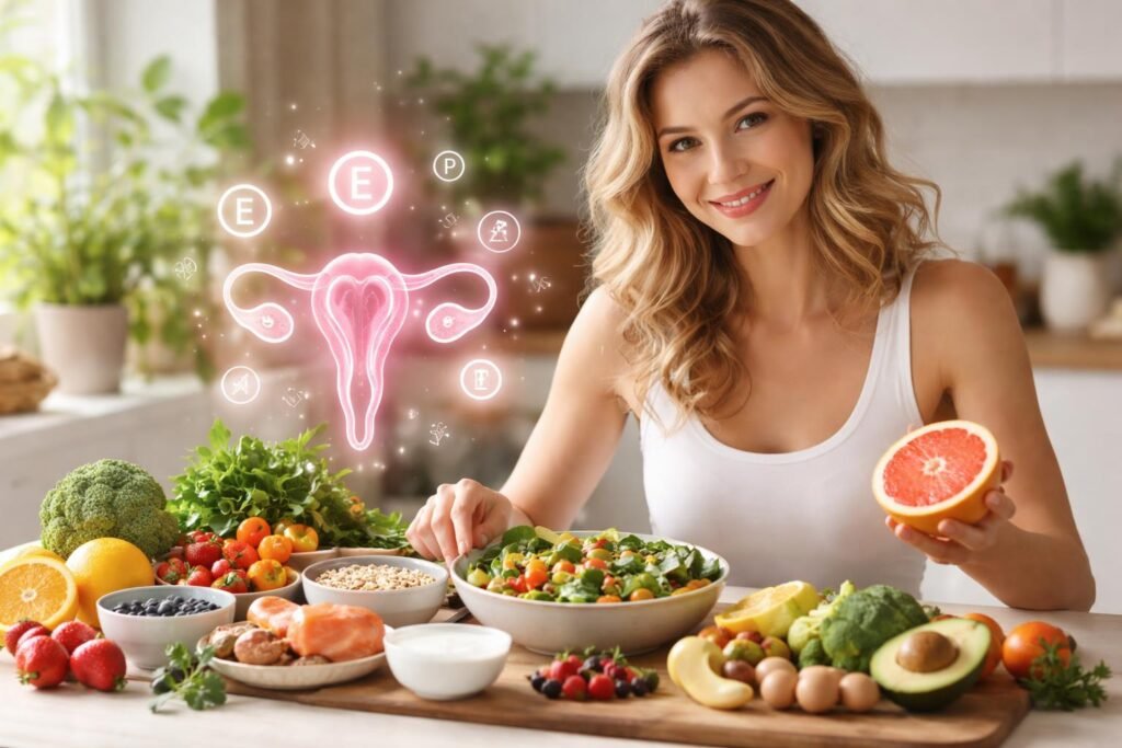 Nő a táplálkozás fontosságát hangsúlyozva, friss ételekkel.