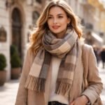 Nő sálban és kabátban, divatos őszi megjelenés