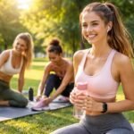 Nők csoportja sportol a szabadban, vidám és aktív életmódot folytatva.