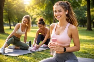 Nők csoportja sportol a szabadban, vidám és aktív életmódot folytatva.