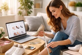 Nő online cipőméretet választ, mérőszalaggal a lábánál.