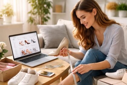 Nő online cipőméretet választ, mérőszalaggal a lábánál.