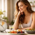 Nő az időszakos böjt kielégítő étkezése előtt, órával az asztalon.