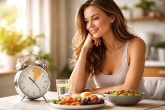 Nő az időszakos böjt kielégítő étkezése előtt, órával az asztalon.