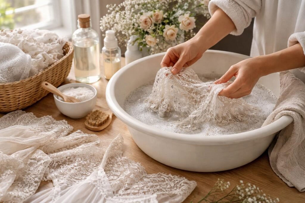 Kézi mosás csipkedarabról, gondos ápolás otthon