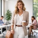 Stílusos nő tavaszi irodai divatban, kávéval a kezében.