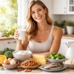 Nő kalciumforrásokkal gazdagított asztalnál, tej és zöldségek között.