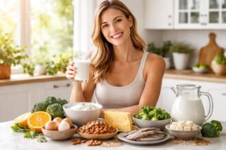 Nő kalciumforrásokkal gazdagított asztalnál, tej és zöldségek között.