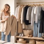 Nő egy kapszulagardrób előtt, időtálló ruhadarabokkal a szekrényben.