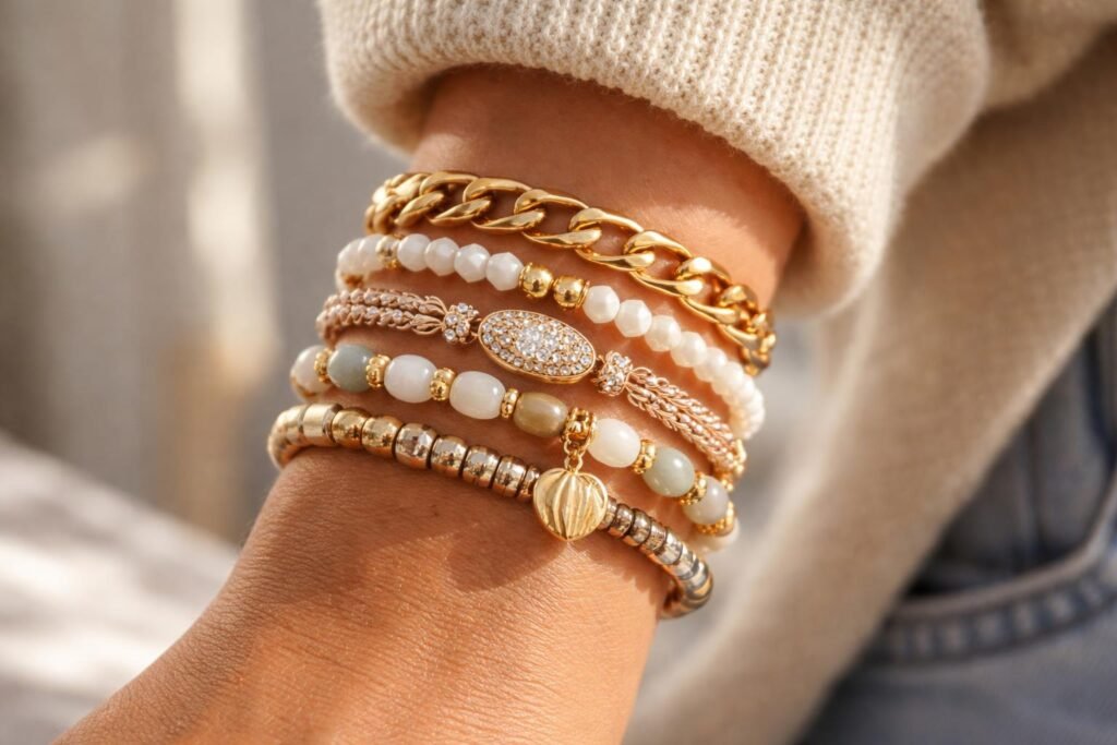 Diverse textured bracelet set on a wrist, showcasing unique styles.