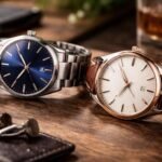 Elegáns férfi karórák fém és bőrszíjjal, asztalon