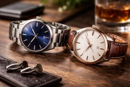 Elegáns férfi karórák fém és bőrszíjjal, asztalon