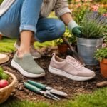Kényelmes, divatos cipők kertészkedéshez virágok között.