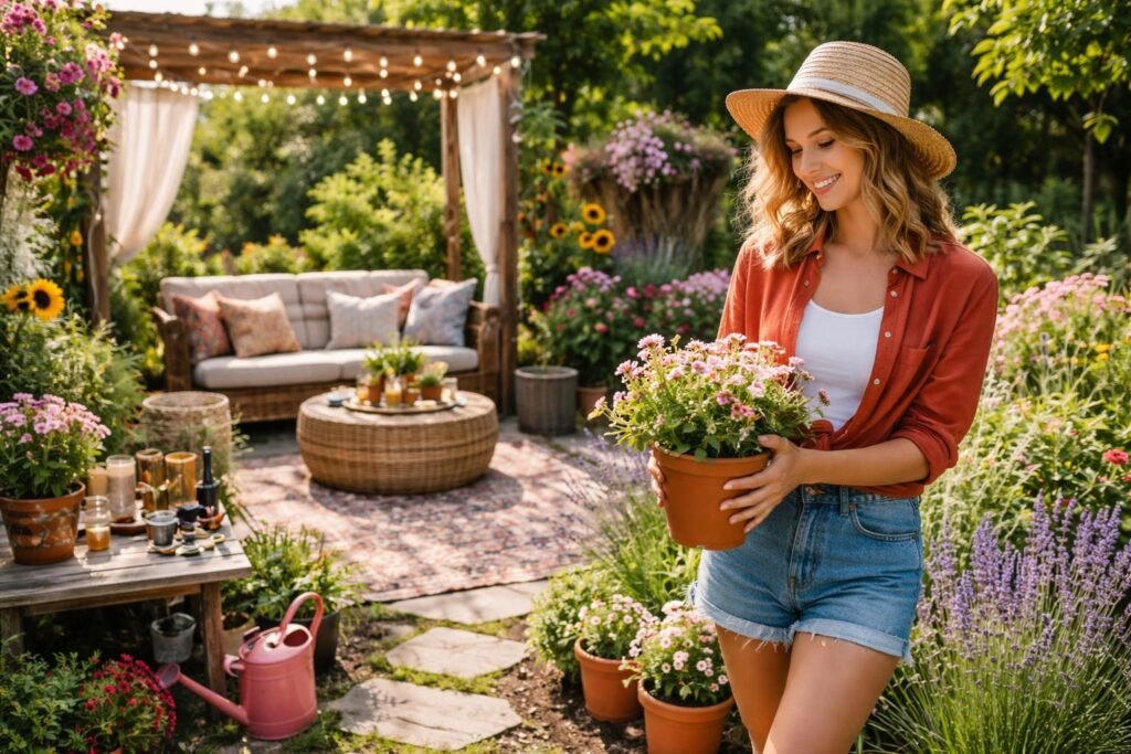 Vidám nő a virágos kertben, cserépben növényeket tartva.
