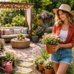 Vidám nő a virágos kertben, cserépben növényeket tartva.