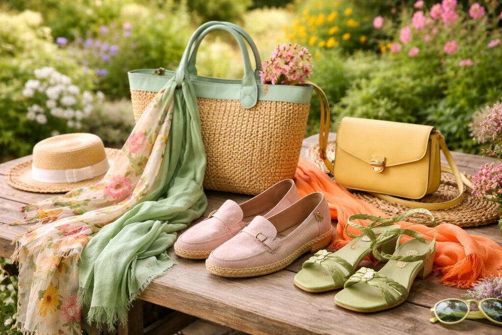 Kert ihlette kiegészítők sálak, táskák és cipők.