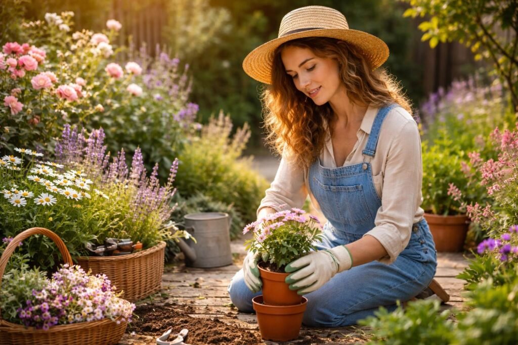 Nő kertészkedik virágokkal a napfényes kertben.