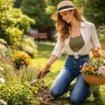 Fiatal nő kertészkedik virágok között, stílusos ruhában