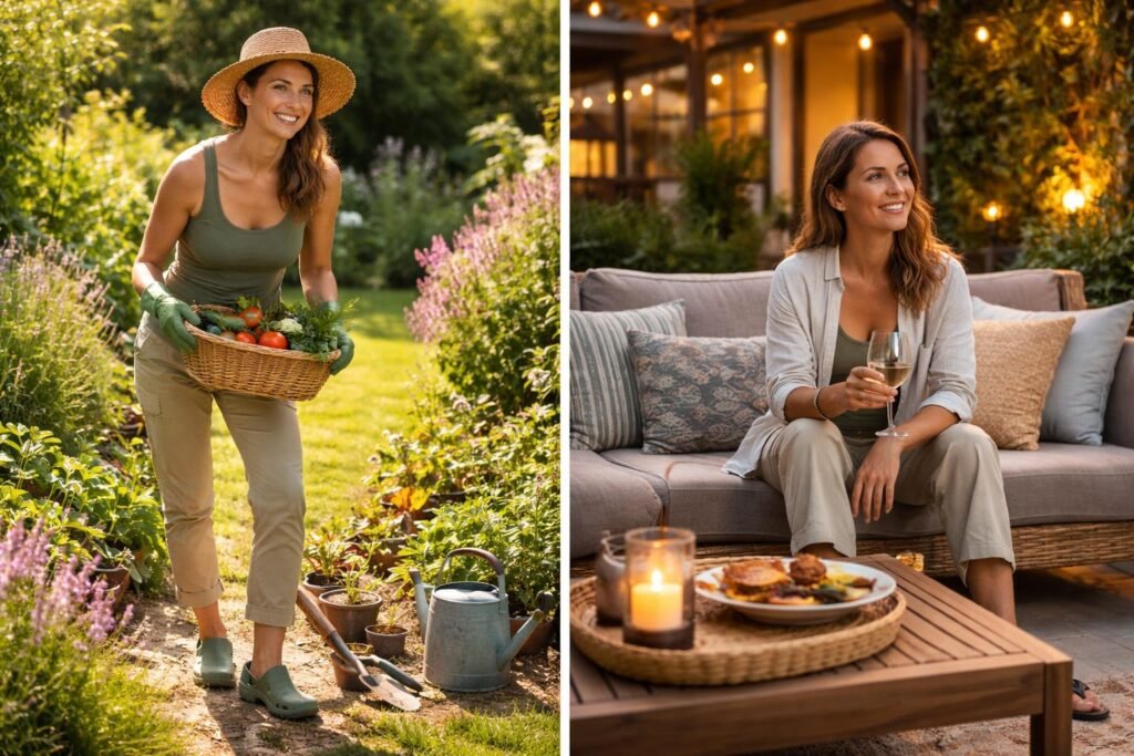 Nő kertásás közben, zöldséggel teli kosárral, este barátokkal pihenve.