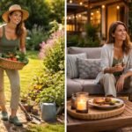 Nő kertásás közben, zöldséggel teli kosárral, este barátokkal pihenve.