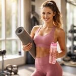 Fiatal nő edzőteremben, sporteszközökkel és vízzel.