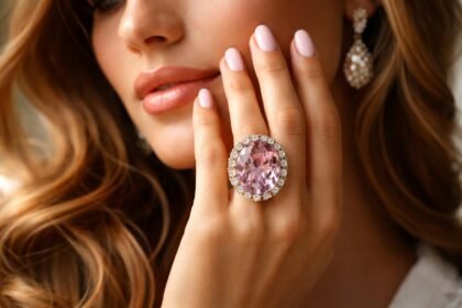 Nagy méretű koktélgyűrű pink kővel és gyönyörű díszítéssel.