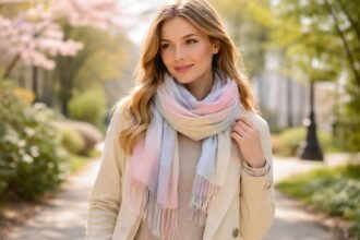 Könnyű, pasztell színű sál viselése tavaszi sétán