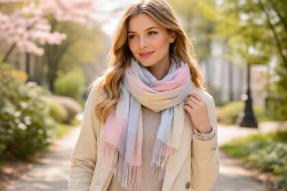 Könnyű, pasztell színű sál viselése tavaszi sétán