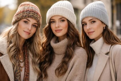 Három nő kötött sapkában, különböző stílusokban a hűvösebb hónapokra.