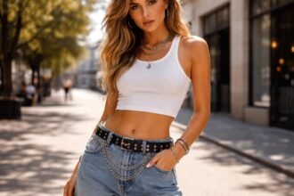 Dekoratív láncos öv a 90-es évek stílusában, divatos szett részeként.