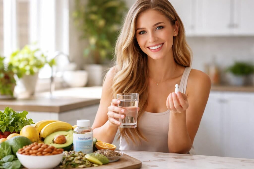 Egészséges nő magnézium tablettát tart a kezében, friss ételekkel körülvéve.