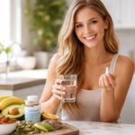 Egészséges nő magnézium tablettát tart a kezében, friss ételekkel körülvéve.