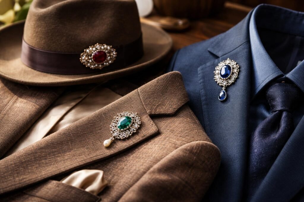 Elegáns melltűk kabáton és zakón, divatos kiegészítők.