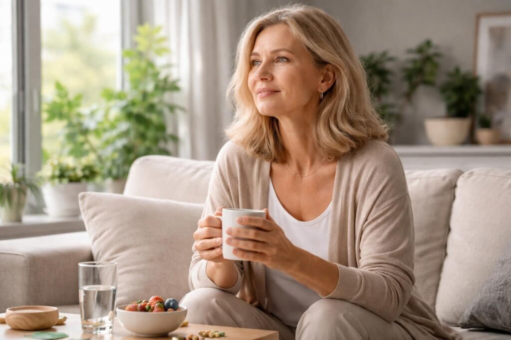 Nő a nappaliban, kávét iszik és egészséges ételeket fogyaszt.