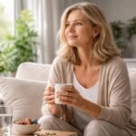 Nő a nappaliban, kávét iszik és egészséges ételeket fogyaszt.